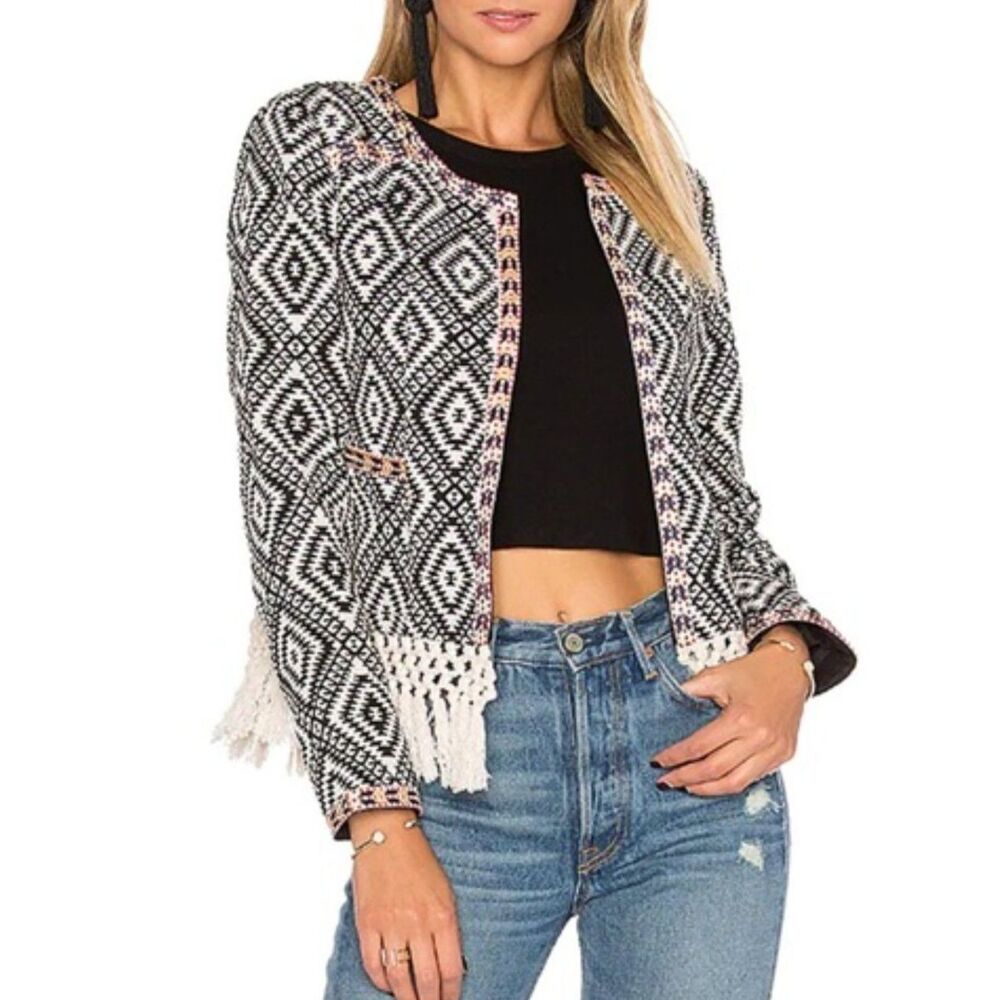 Tularosa Geometric Print Fringe Jacket Womens Small Boho Open Front